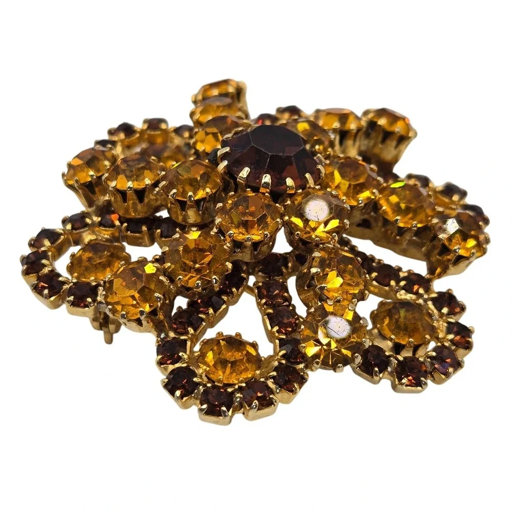 VTG Brooch Tiered Boho Cluster Root Beer Rhinestone Floral‎ Autumn Fairycore Pin